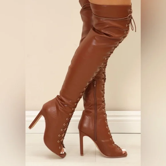 Fashion nova brown 8.5 Brown Over-the-Knee Lace-Up Boots. - Picture 3 of 9